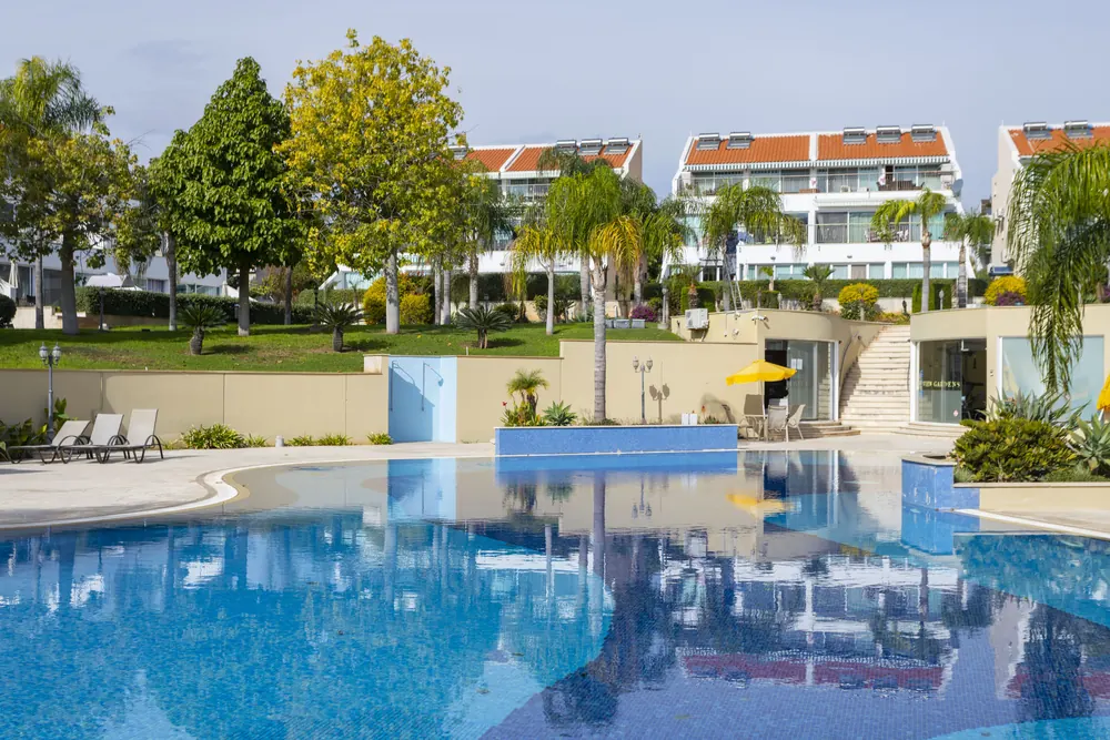 Gardens and pool at Bayview Gardens in Germasogeia, Limassol
