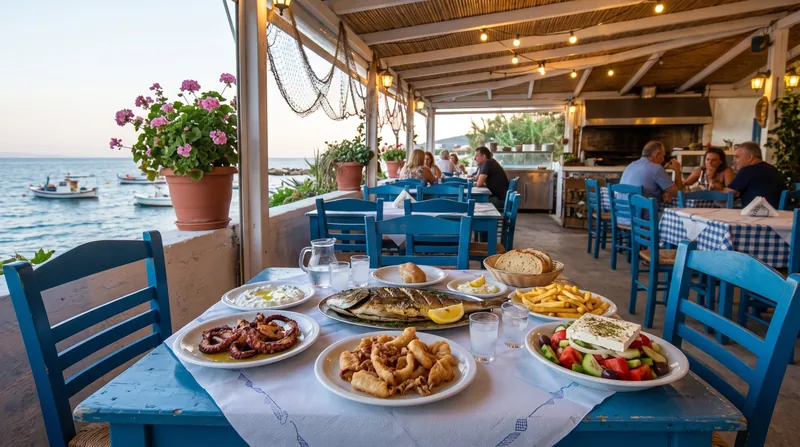 Grilled fish, octopus, calamari and salad at a seaside taverna