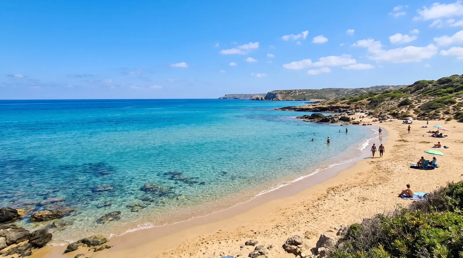 Sandy Mediterranean beach with clear turquoise water and green hills