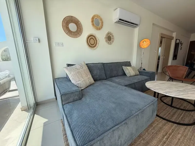 Open-plan living room with corner sofa bed