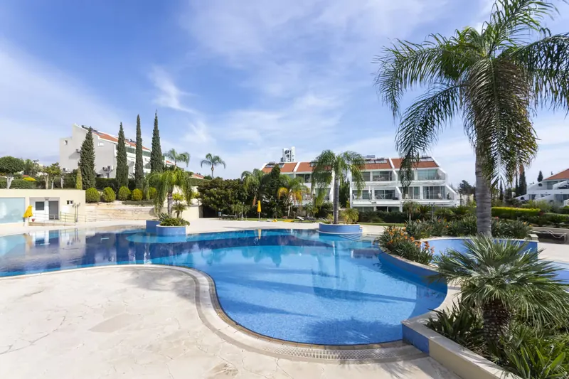 The pool and palm gardens at Azure Haven, Germasogeia